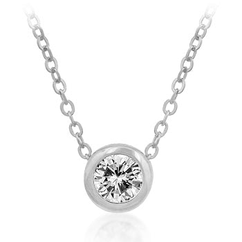 Orange round cubic zirconia bezel pendant, rhodium plated over lead free alloy (brass), on a 16 Inch link chain.
