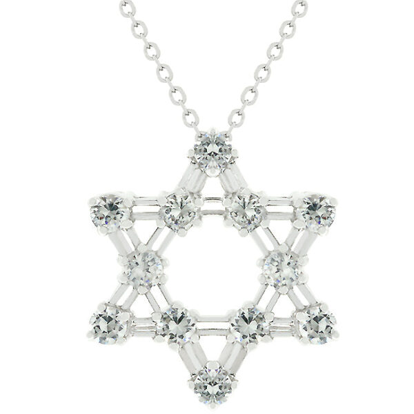 Star of David pendant with round genuine cubic zirconia in prong settings, rhodium plated over .925 sterling silver.