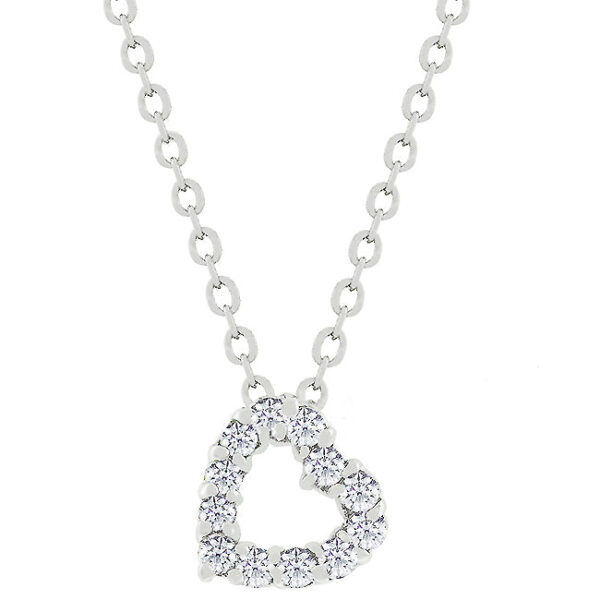 Heart silhouette pendant with round prong-set cubic zirconia, rhodium plated over lead free alloy (brass), on a link chain.