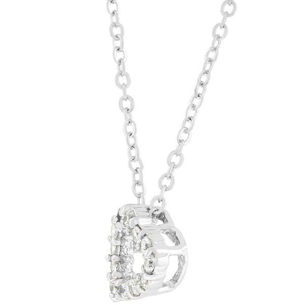 The pendant, rhodium plated over lead free alloy (brass), with round prong-set stones.
