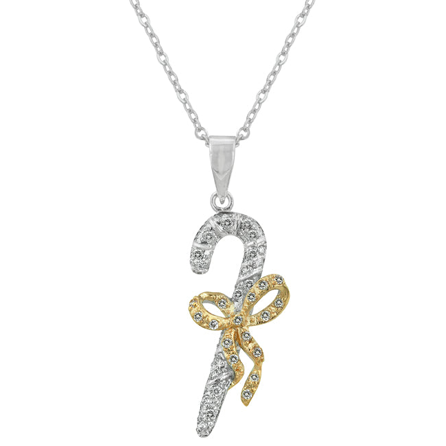 Candy cane pendant with round cubic zirconia in pave and Silver tone finish over Lead Free Alloy (brass).
