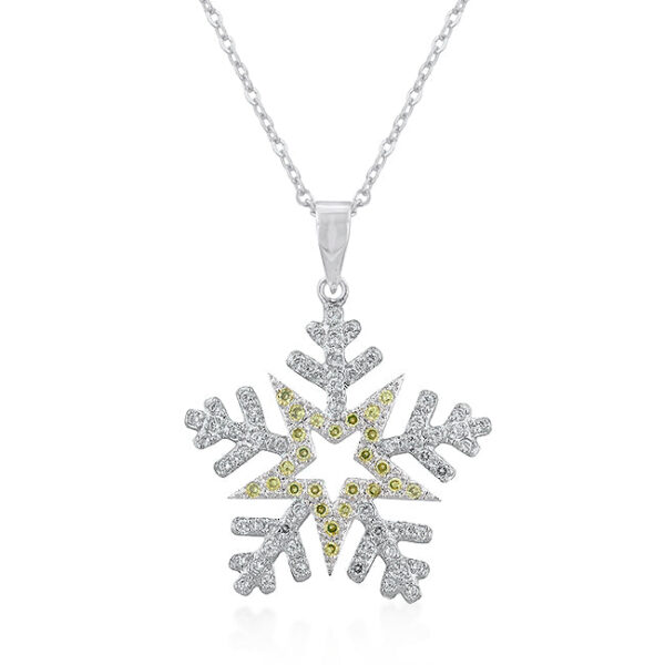 Snowflake drop pendant with All Clear round cubic zirconia in pave, rhodium plated over lead free alloy (brass).
