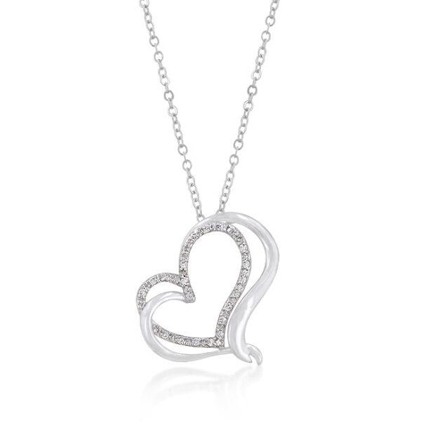 Intertwined hearts pendant with round All Clear cubic zirconia in prongs on a link chain, rhodium plated over lead free alloy (brass).