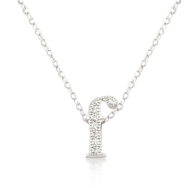 Micro-pave F initial pendant with round cubic zirconia in a pave setting, rhodium over lead free alloy (brass), on a link chain.