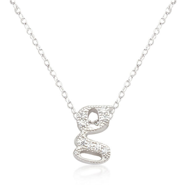 Micro-pave initial G pendant with round cubic zirconia in pave, rhodium over lead free alloy (brass), and a link chain.
