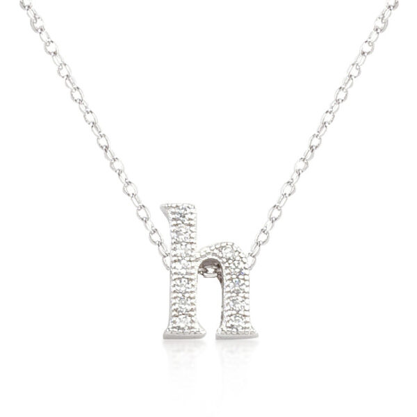 Rhodium plated over lead free alloy (brass) initial H pendant with round pave-set cubic zirconia