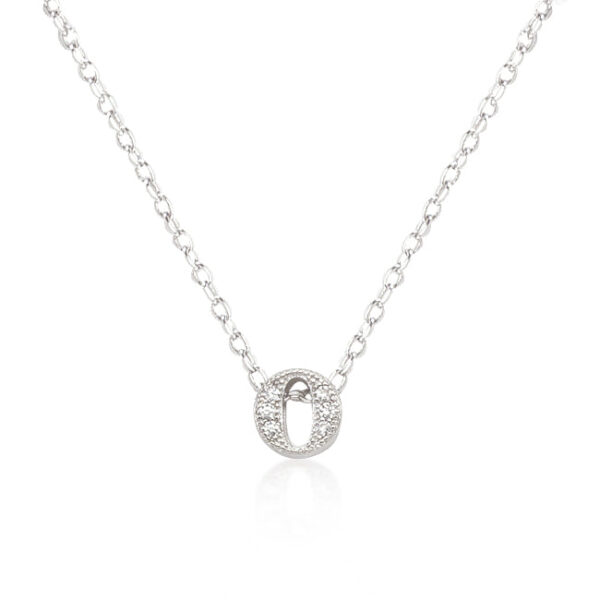 Micro-pave O initial pendant in rhodium over lead free alloy (brass) with round cubic zirconia in pave on a link chain