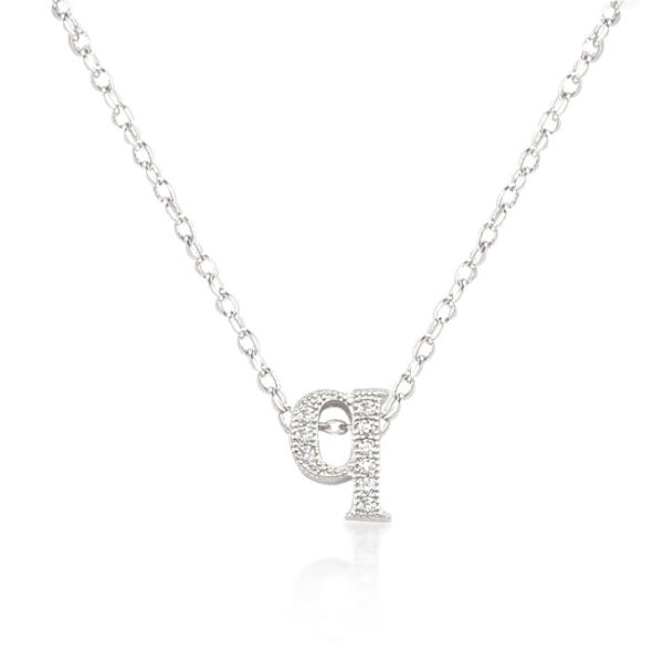 Q initial pendant in rhodium over lead free alloy (brass) with round cubic zirconia in pave.