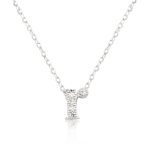 Initial R pendant with round pave-set cubic zirconia and a rhodium-coloured finish.