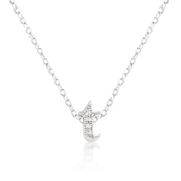 The pendant with round cubic zirconia in a pave setting on a 16 Inch + 2 Inch Extender link chain.