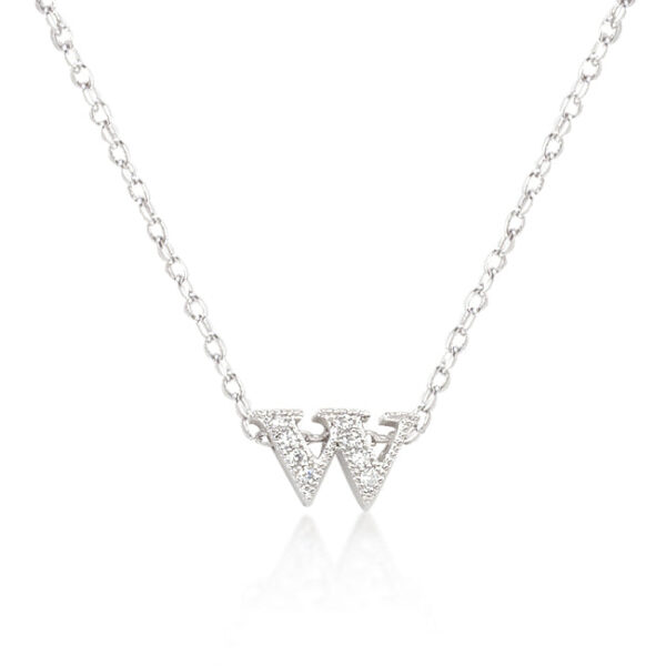 Micro-pave W initial pendant with round cubic zirconia, a rhodium-coloured finish, and a link chain.