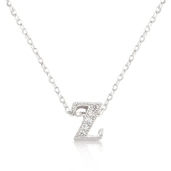 Initial Z pendant with round cubic zirconia in a pave setting and a rhodium finish.