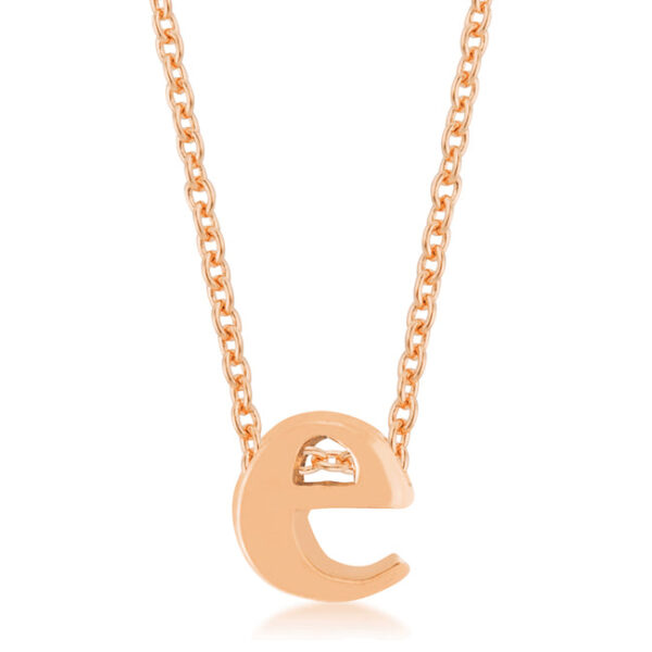 E initial pendant rosegold plated over lead free alloy (brass) on a link chain with a lobster clasp.