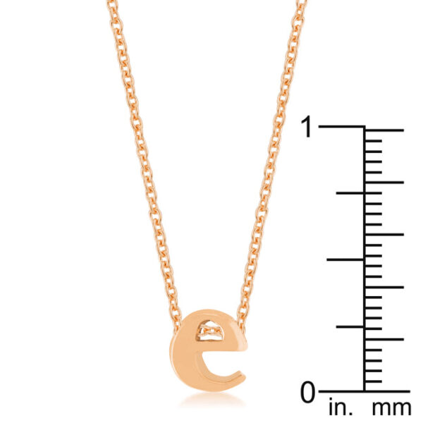 Rosegold plated over lead free alloy (brass) E initial pendant on a link chain with a lobster clasp.