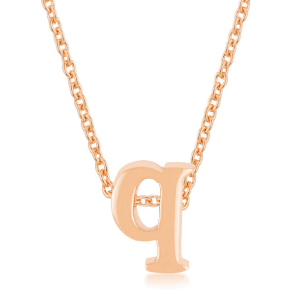 Q initial pendant in rosegold plated over lead free alloy (brass) with an 18 Inch + 2 Inch Extender link chain.