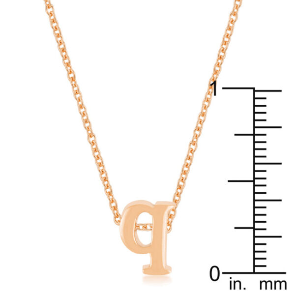 Q pendant in rosegold plated over lead free alloy (brass) on an 18 Inch + 2 Inch Extender link chain.