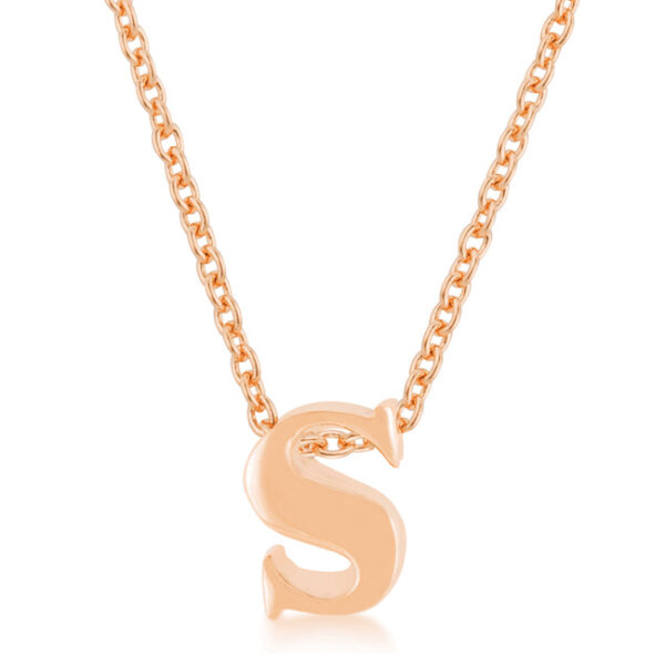 Initial S pendant in rosegold plated over lead free alloy (brass) on an 18 Inch + 2 Inch Extender link chain.