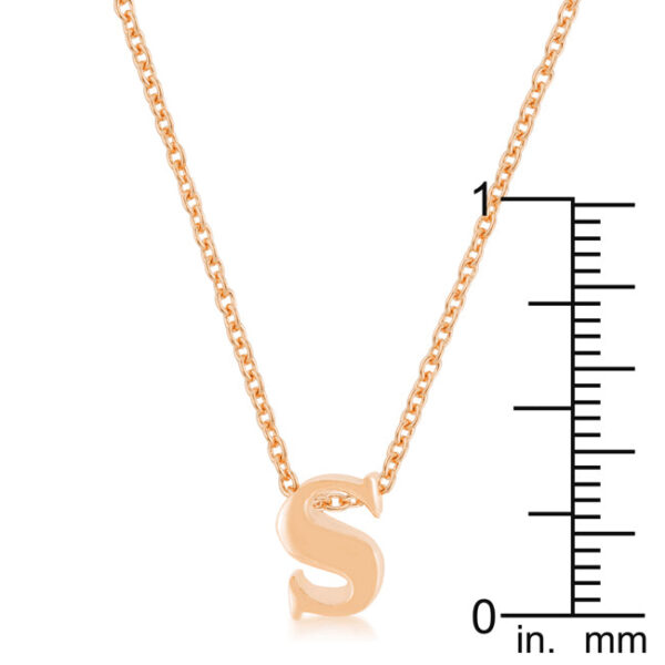 Simple anniversary-style S initial pendant in rosegold plated over lead free alloy (brass).