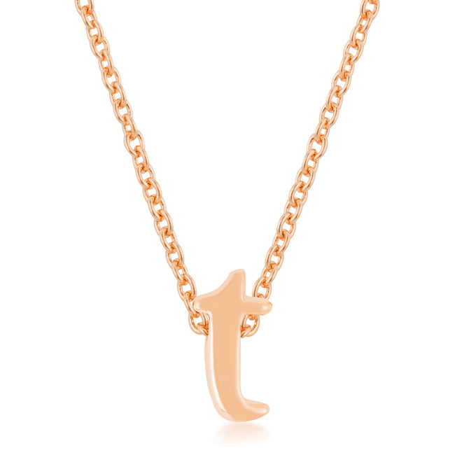 T initial pendant in rosegold plated over lead free alloy (brass) with link chain and lobster clasp