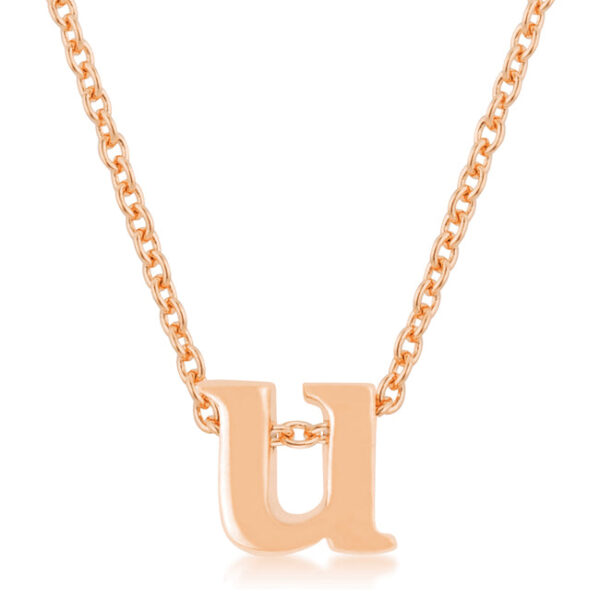 U initial pendant in rosegold plated over lead free alloy (brass) with a link chain.