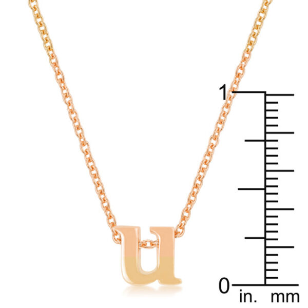 U initial pendant in rosegold plated over lead free alloy (brass) on an 18 Inch + 2 Inch Extender link chain.