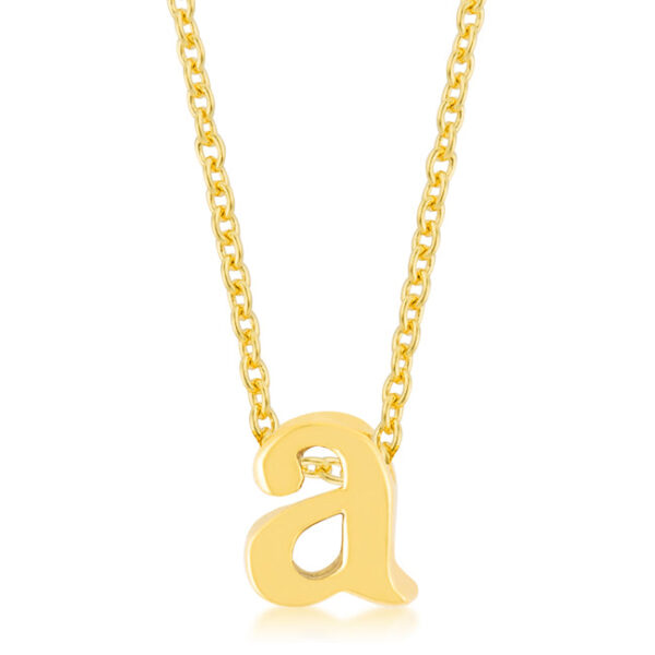 A initial pendant in gold tone finish over lead free alloy (brass) with a link chain and lobster clasp.