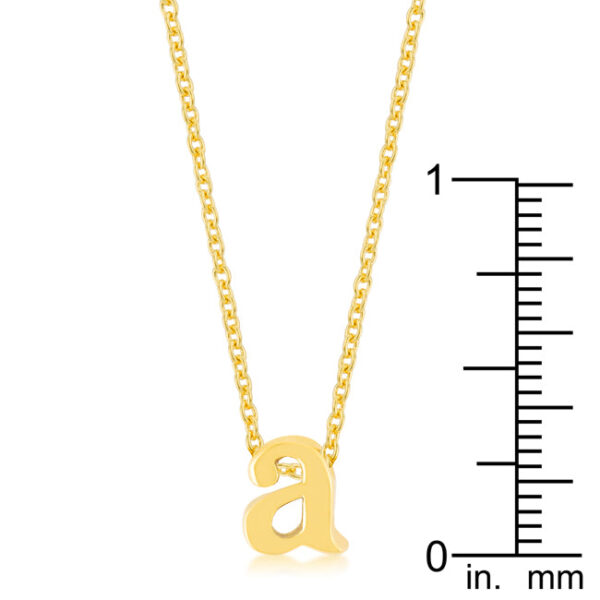Simple A initial pendant in gold tone finish over lead free alloy (brass) with a lobster clasp.