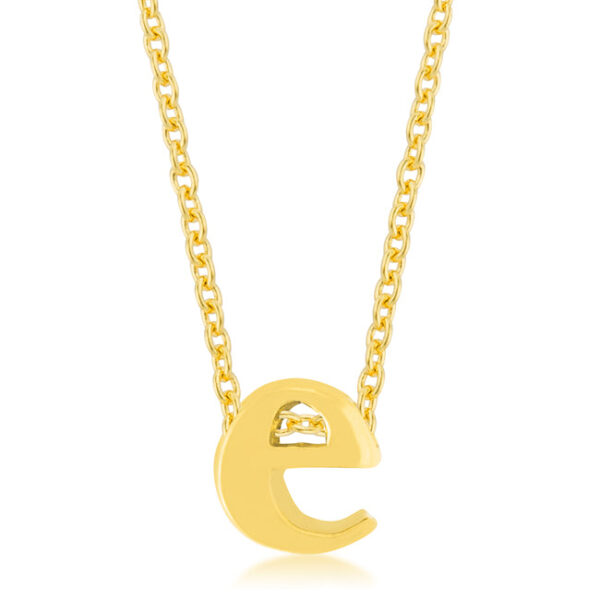 E initial pendant in gold tone finish over lead free alloy (brass) on a link chain with a lobster clasp.