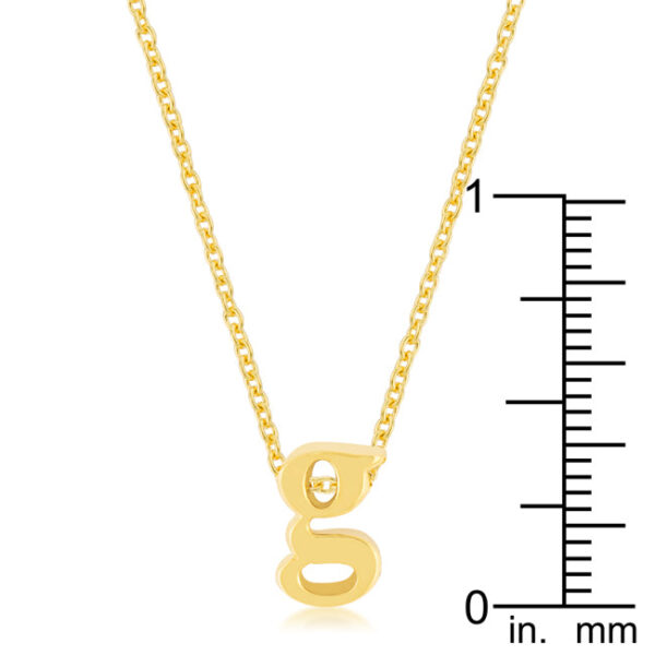 G initial pendant in gold tone finish over lead free alloy (brass) paired with a link chain and lobster clasp.