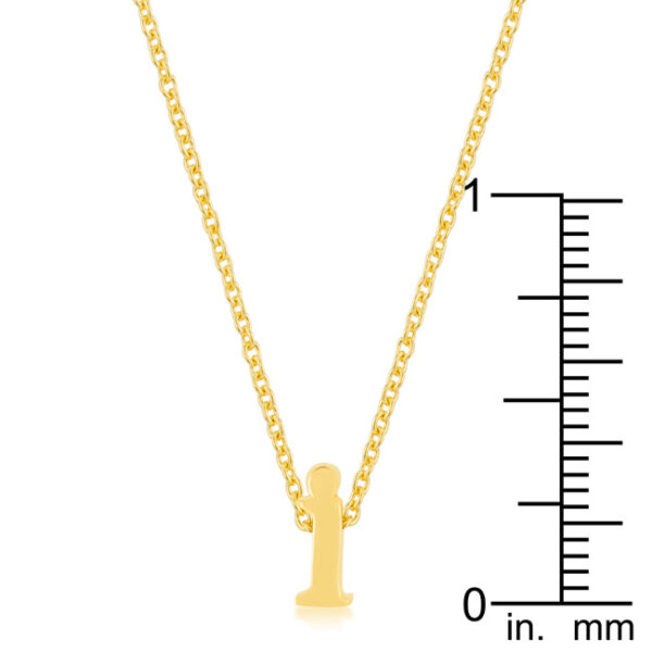 Simple I initial pendant in gold tone finish over lead free alloy (brass) with a lobster clasp.