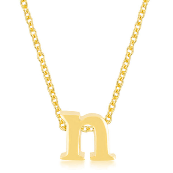 N initial pendant in gold tone finish over lead free alloy (brass) with a link chain and lobster clasp.