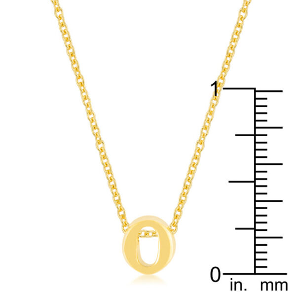 O initial pendant with gold tone finish over lead free alloy (brass) on a link chain.