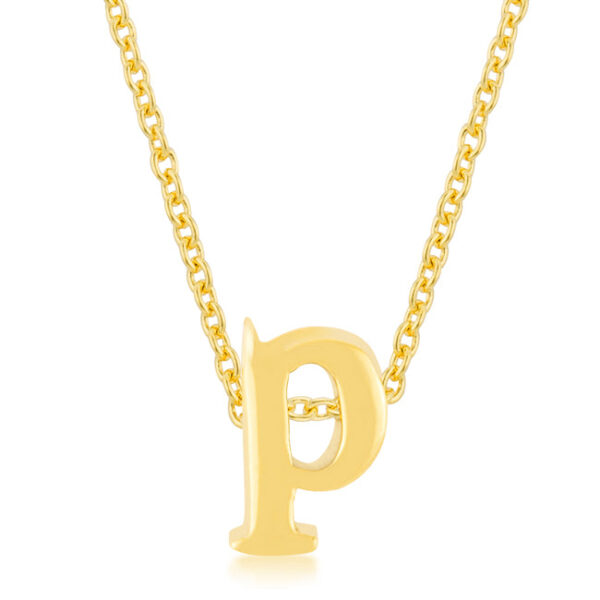 P initial pendant in gold tone finish over lead free alloy (brass) with a link chain and lobster clasp.