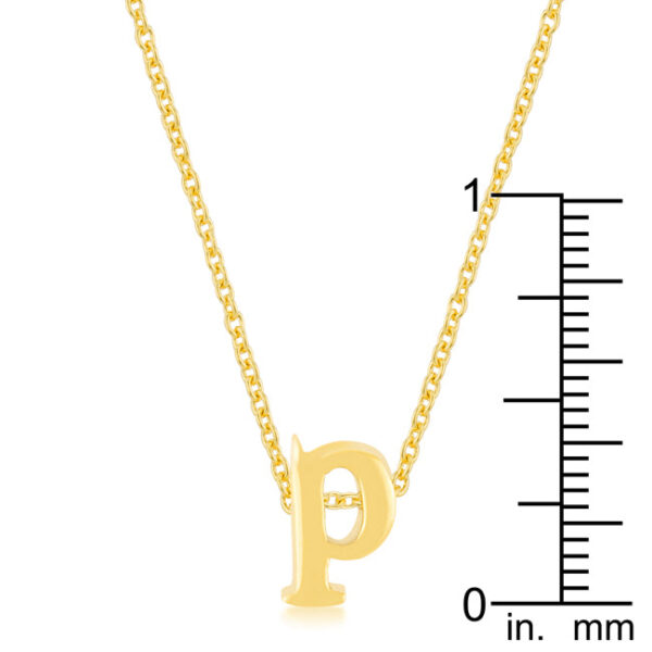 P letter pendant in gold tone finish over lead free alloy (brass) with an 18 Inch + 2 Inch Extender link chain.