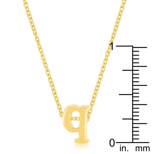Simple Q initial pendant in gold tone finish over lead free alloy (brass) with a lobster clasp.