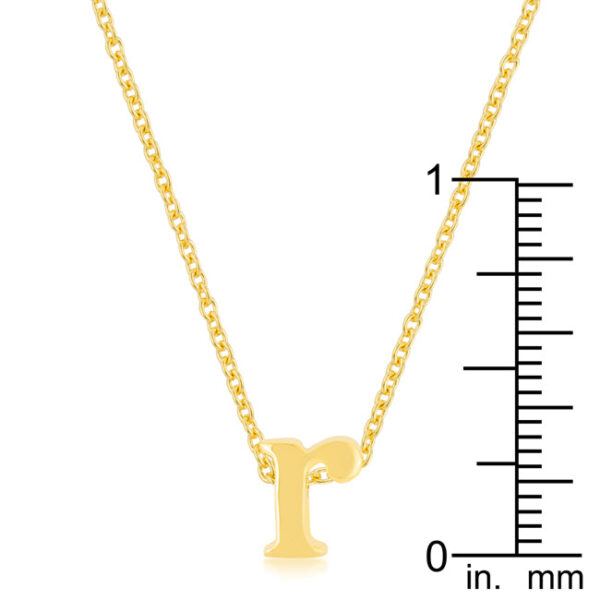 R initial pendant in gold tone finish over lead free alloy (brass) with an 18 Inch + 2 Inch Extender link chain.