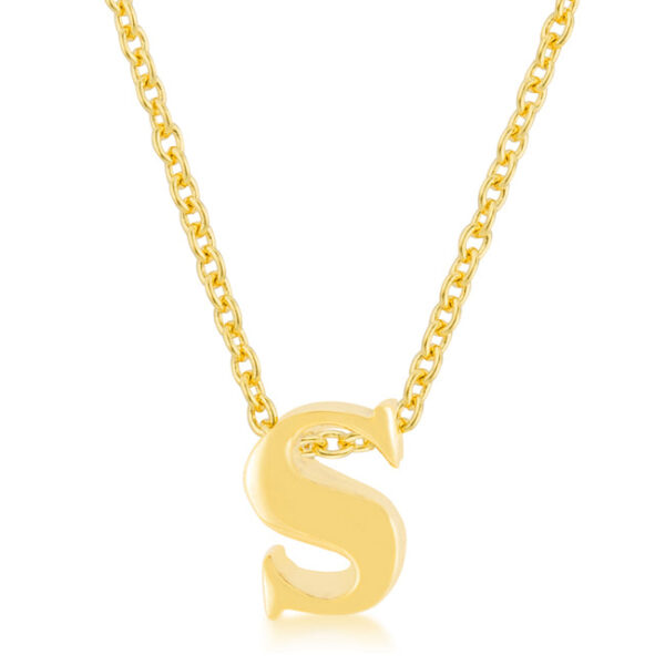 S initial pendant in gold tone finish over lead free alloy (brass) on a link chain.