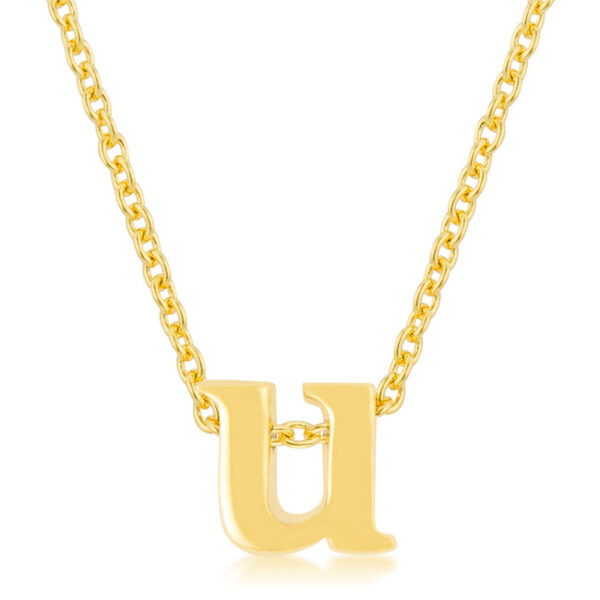 U initial pendant in gold tone finish over lead free alloy (brass) with an 18 Inch + 2 Inch Extender link chain.
