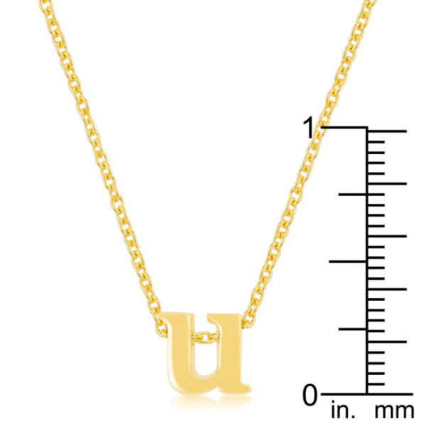 U letter pendant in gold tone finish over lead free alloy (brass) on an 18 Inch + 2 Inch Extender link chain.