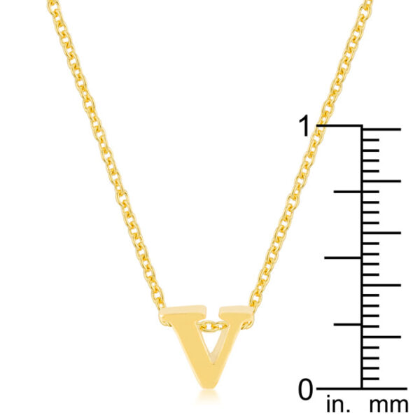 Simple V initial pendant with lobster clasp and gold tone finish over lead free alloy (brass).