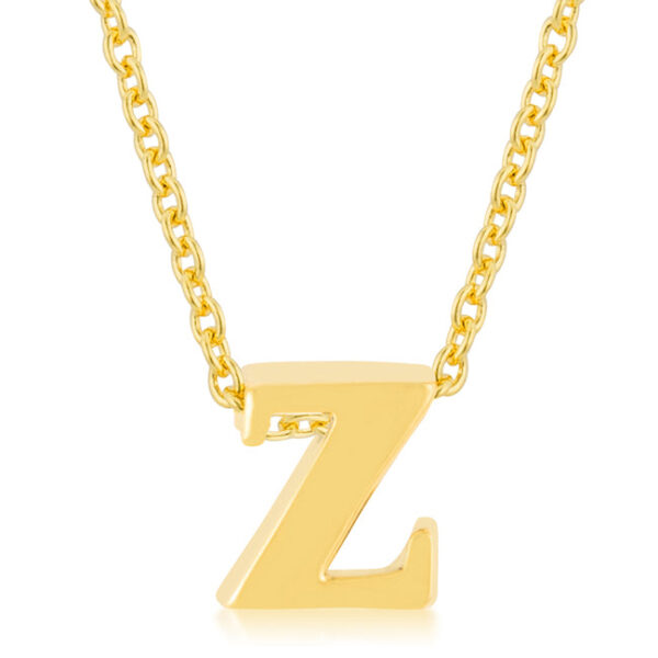 Z initial pendant in gold tone finish over lead free alloy (brass) with an 18 Inch + 2 Inch Extender link chain.