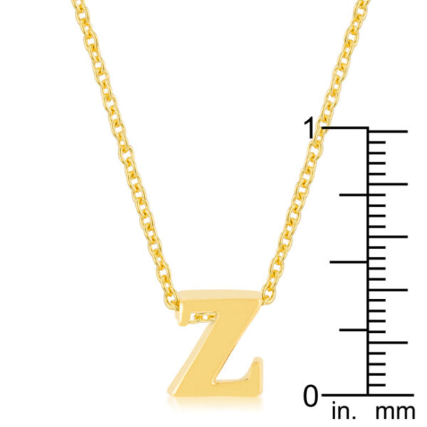 Z letter pendant with gold tone finish over lead free alloy (brass) and an 18 Inch + 2 Inch Extender link chain.