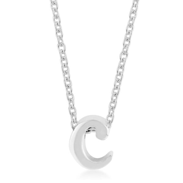 C initial pendant rhodium plated over lead free alloy (brass) on an 18 Inch + 2 Inch Extender link chain with lobster clasp.