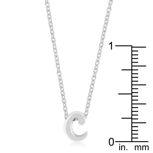 C letter pendant rhodium plated over lead free alloy (brass) on an 18 Inch + 2 Inch Extender link chain.
