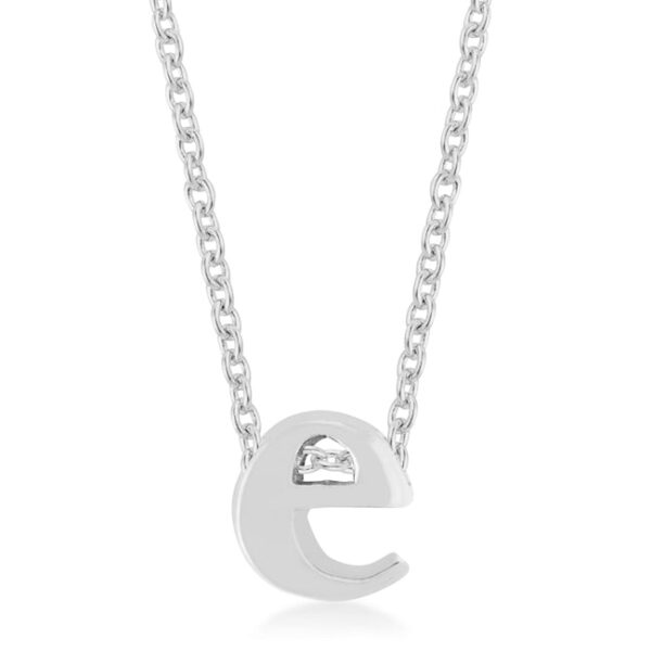 Initial E pendant in rhodium plated over lead free alloy (brass) with an 18 Inch + 2 Inch Extender link chain and lobster clasp.