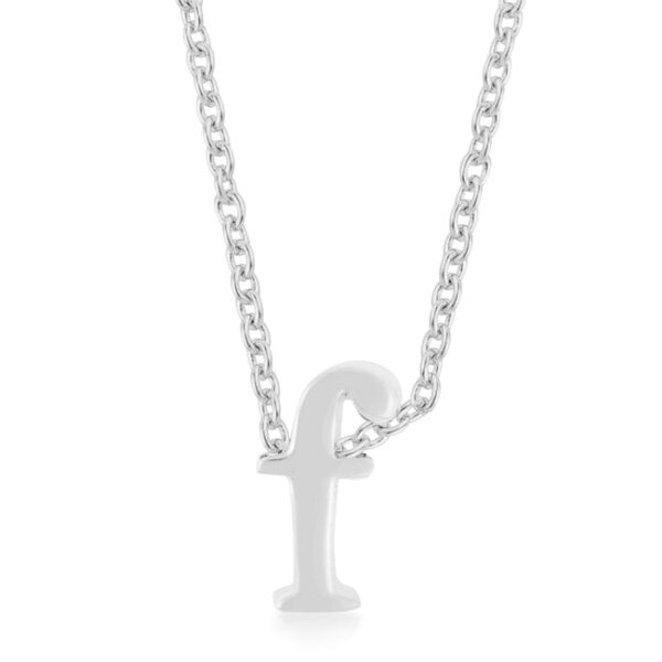 F initial pendant, rhodium plated over lead free alloy (brass), on an 18 Inch + 2 Inch Extender link chain with lobster clasp