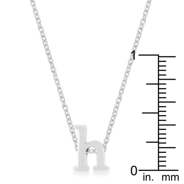 Simple fashion H initial pendant in rhodium plated over lead free alloy (brass) with a lobster clasp.