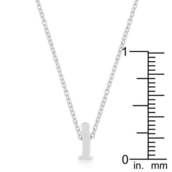 I letter pendant in rhodium plated over lead free alloy (brass), paired with an 18 Inch + 2 Inch Extender link chain and lobster clasp.