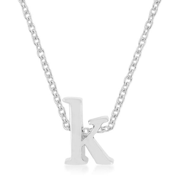 K initial pendant in rhodium plated over lead free alloy (brass) with an 18 Inch + 2 Inch Extender link chain.