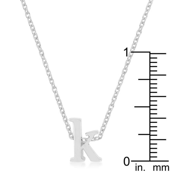 Rhodium plated over lead free alloy (brass) K initial pendant on an 18 Inch + 2 Inch Extender link chain.